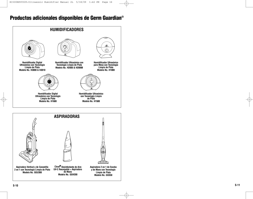 Guardian Technologies H1500 warranty Humidificadores, Aspiradoras 