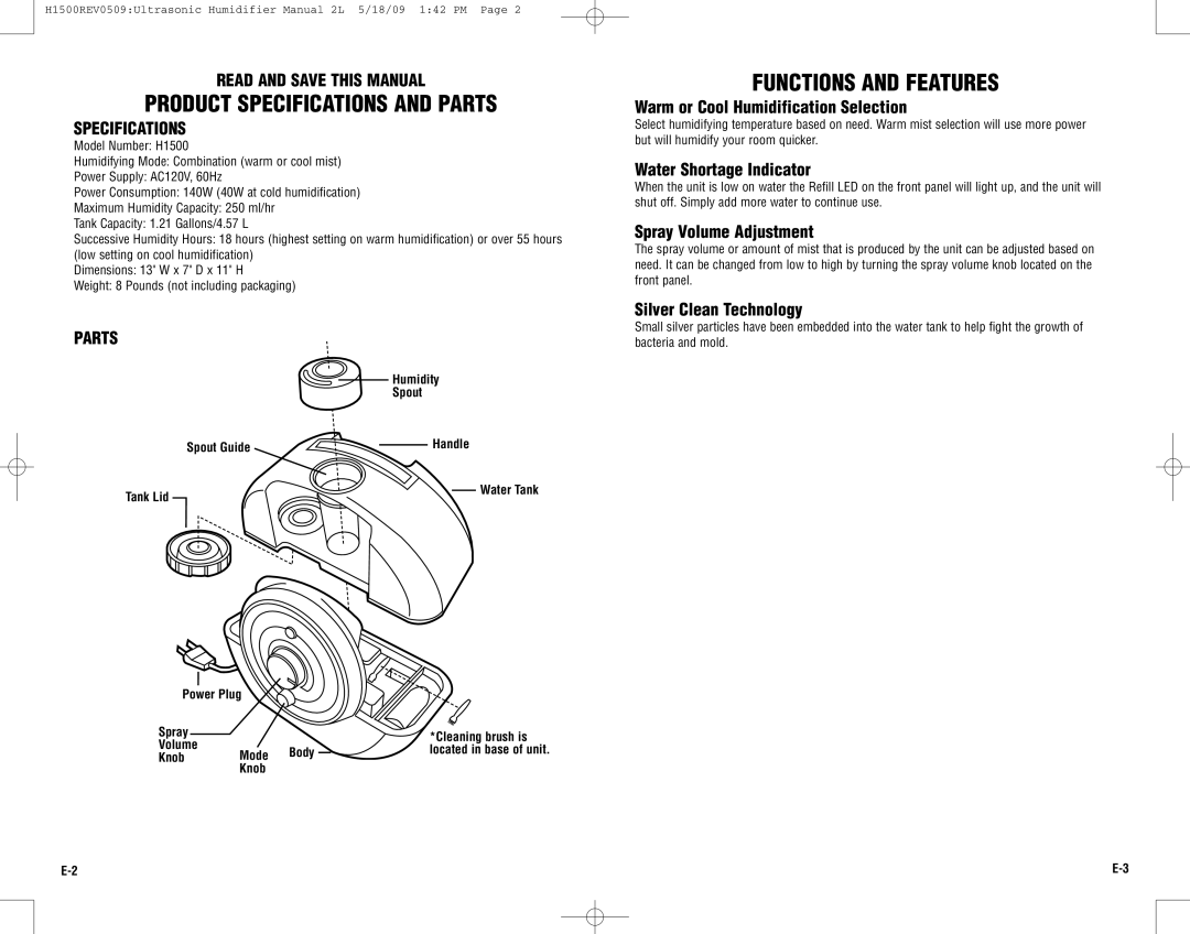 Guardian Technologies H1500 warranty Product Specifications and Parts, Functions and Features, Read and Save this Manual 