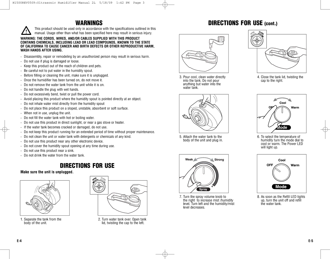 Guardian Technologies H1500 Directions for USE, Separate the tank from, Body of the unit, Turn the spray volume knob to 