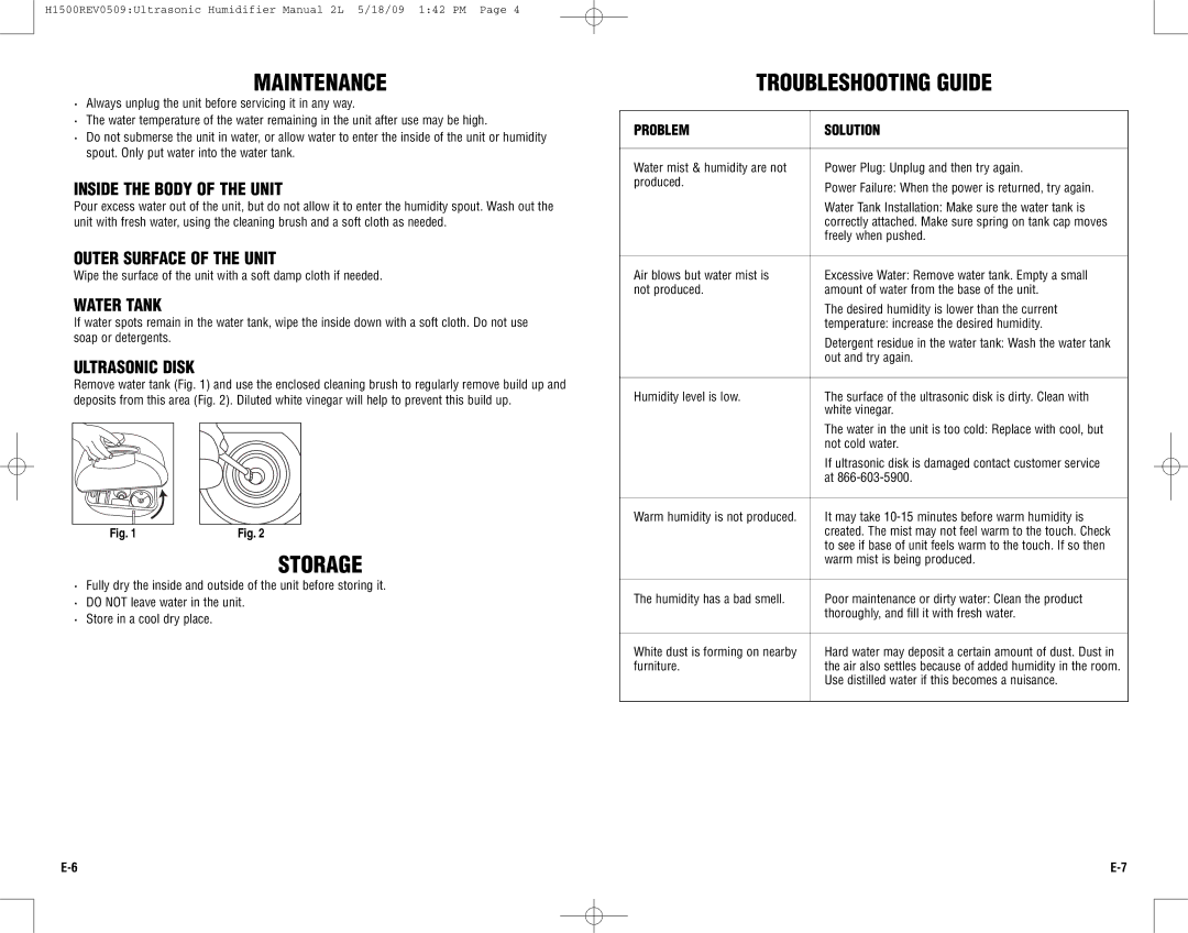 Guardian Technologies H1500 warranty Maintenance, Storage, Troubleshooting Guide 