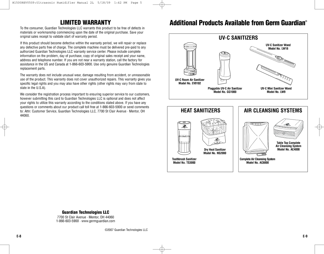 Guardian Technologies H1500 warranty Limited Warranty, UV-C Sanitizers, Heat Sanitizers, AIR Cleansing Systems 