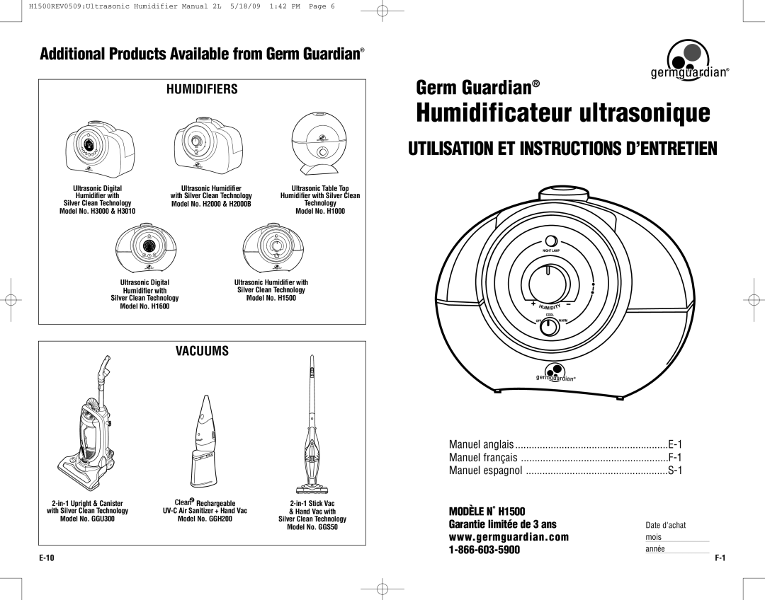 Guardian Technologies warranty Humidifiers, Vacuums, MODÈLEN˚ H1500, Garantie limitée de 3 ans 