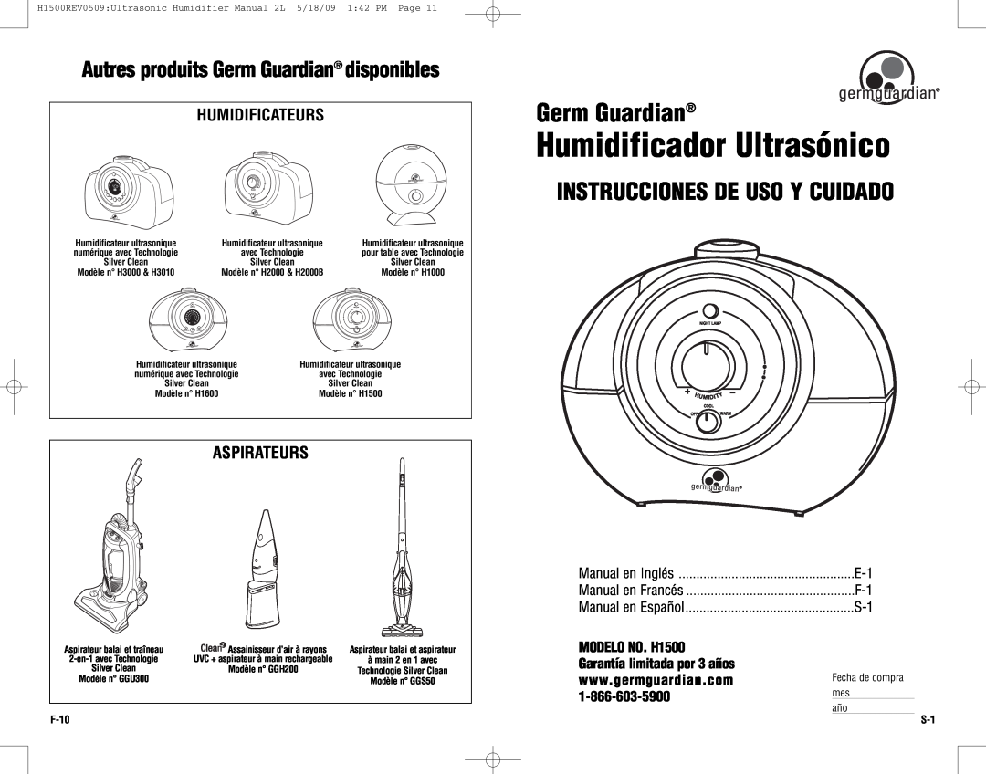 Guardian Technologies Humidificador Ultrasónico, Autres produitsGerm Guardian disponibles, MODELONO. H1500, Aspirateurs 
