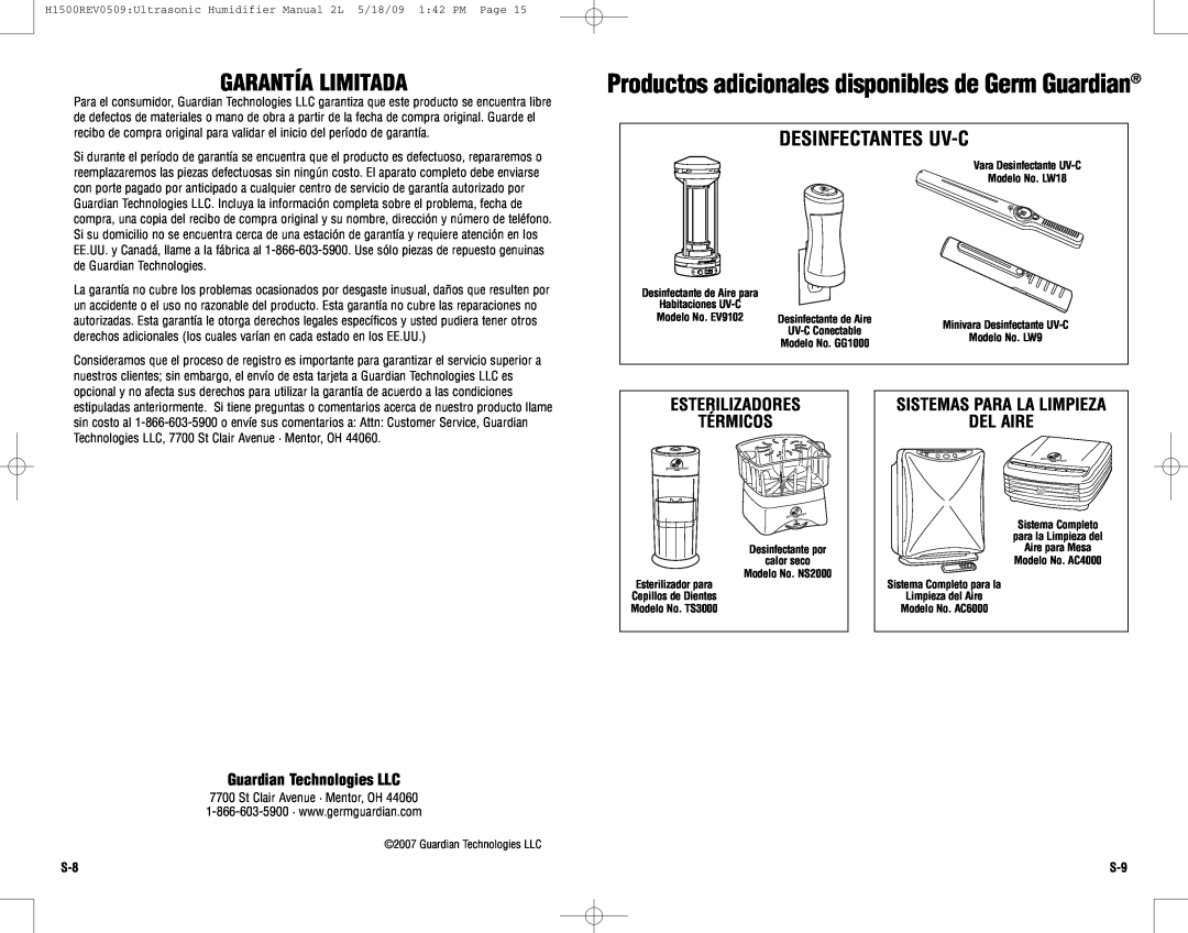 Guardian Technologies H1500 Productosadicionalesdisponiblesde Germ Guardian, Garantía Limitada, Desinfectantes Uv-C 