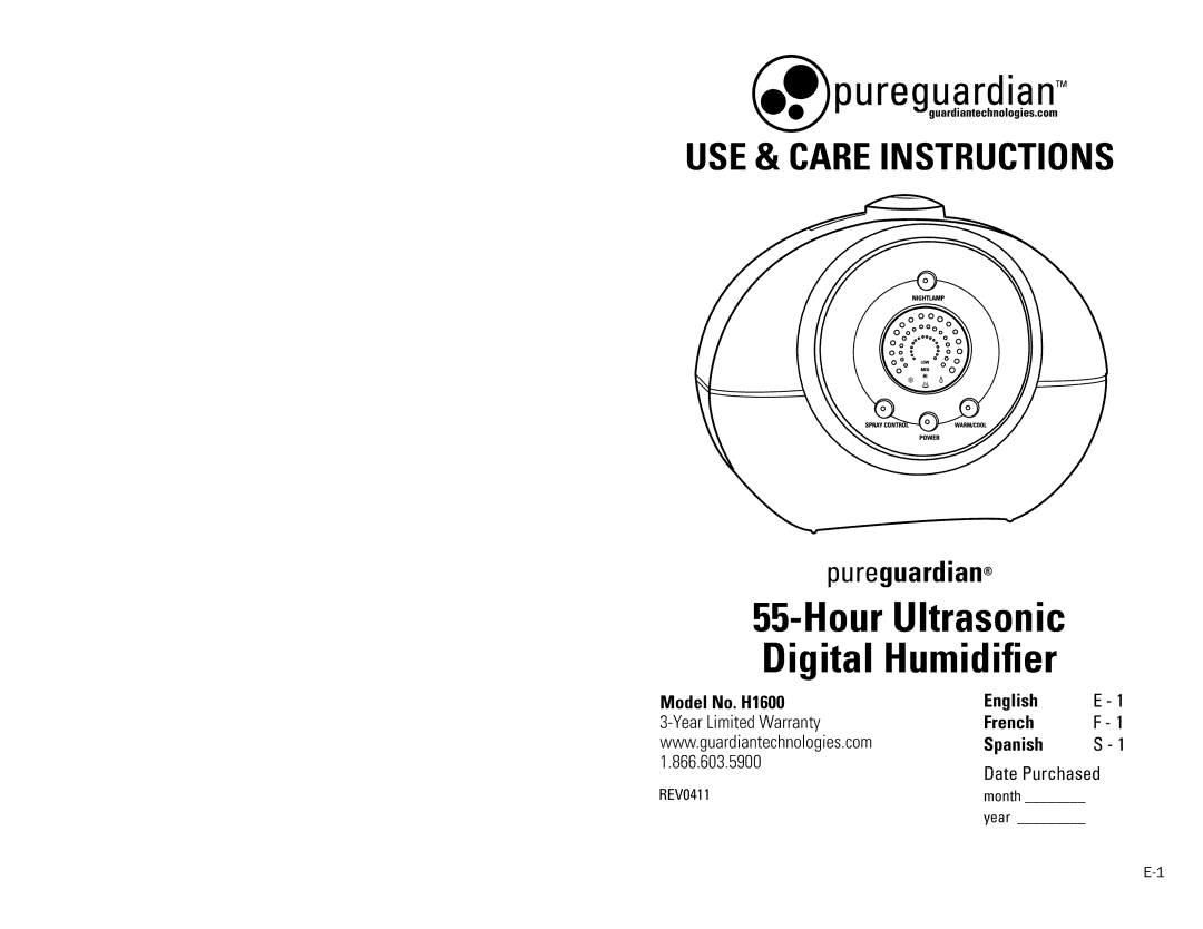 Guardian Technologies H1600 warranty USE & Care Instructions 