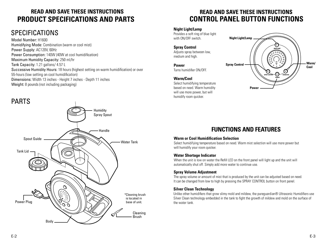 Guardian Technologies H1600 Night Light/Lamp, Spray Control, Power, Warm/Cool, Warm or Cool Humidification Selection 