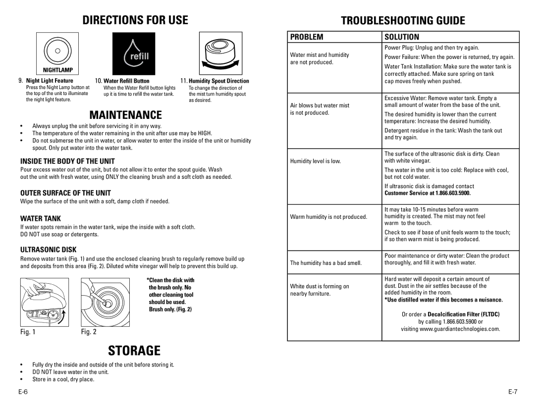 Guardian Technologies H1600 warranty Night Light Feature Water Refill Button, Customer Service at 
