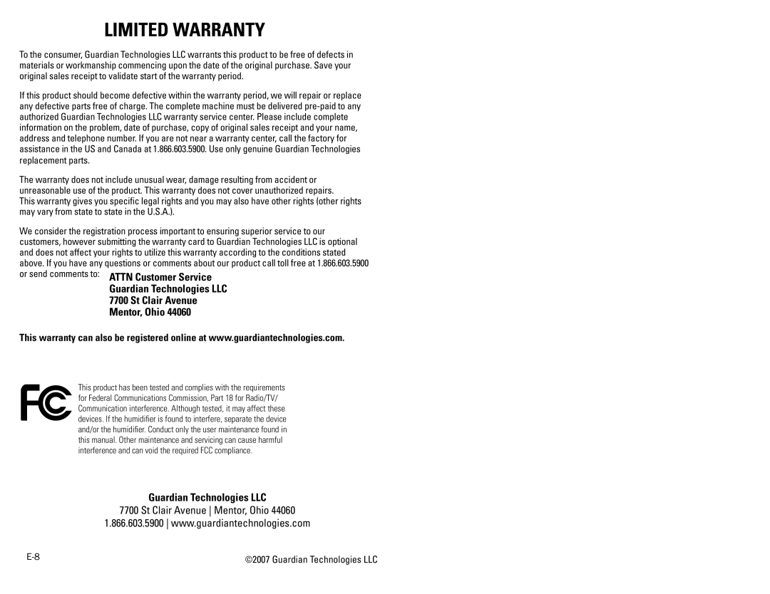 Guardian Technologies H1600 warranty Guardian Technologies LLC 