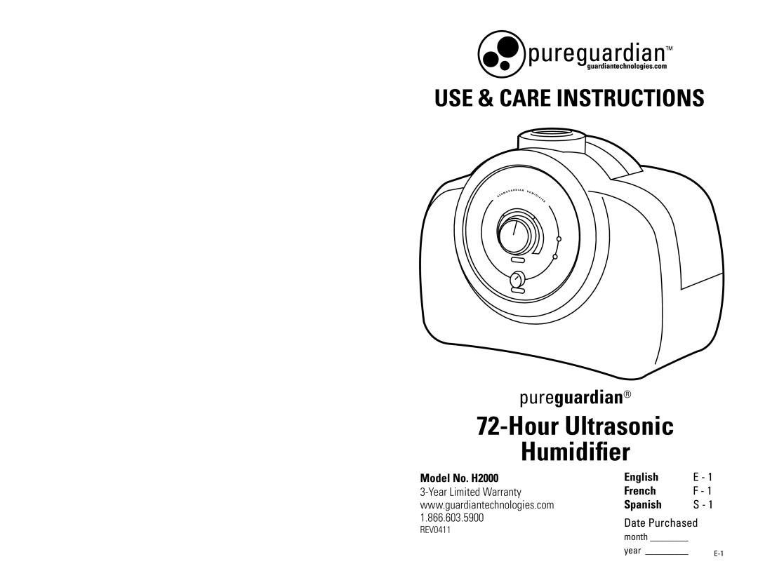 Guardian Technologies H2000 warranty Hour Ultrasonic Humidifier 