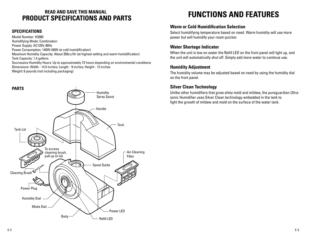 Guardian Technologies H2000 warranty Read and Save this Manual, Specifications, Parts 