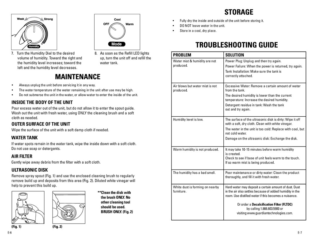 Guardian Technologies H2000 warranty Inside the Body of the Unit, Outer Surface of the Unit, Water Tank, AIR Filter 