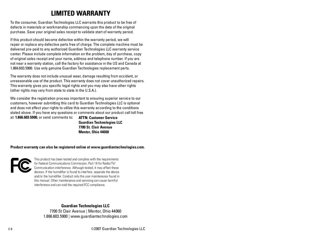 Guardian Technologies H2000 warranty Guardian Technologies LLC 