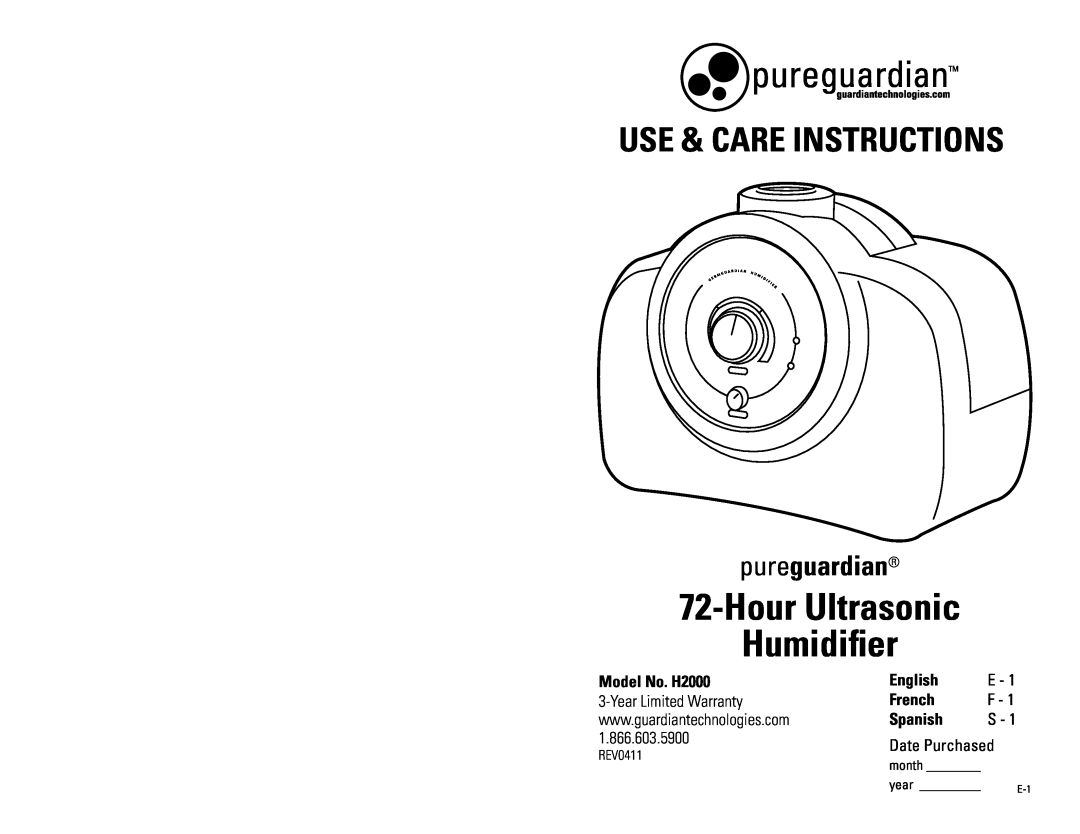 Guardian Technologies warranty Model No. H2000, English E - French F - Spanish S, HourUltrasonic Humidifier 
