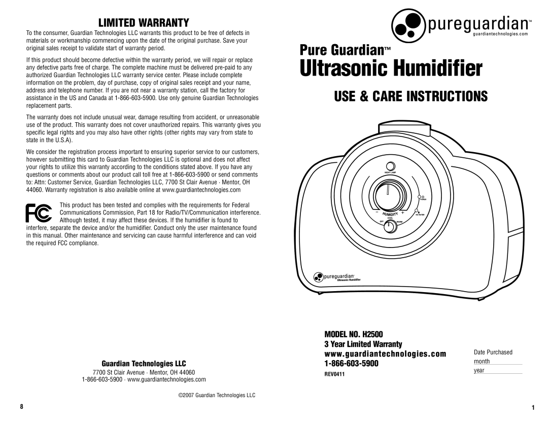 Guardian Technologies warranty Model NO. H2500, YearLimited Warranty 