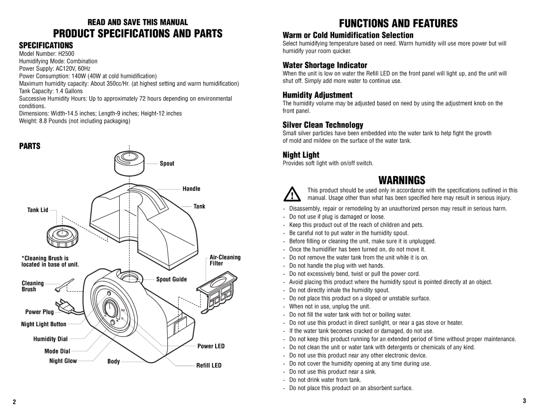 Guardian Technologies H2500 warranty Product Specifications and Parts, Functions and Features, Read and Save this Manual 