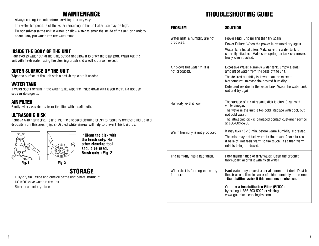 Guardian Technologies H2500 warranty Maintenance, Storage, Troubleshooting Guide 