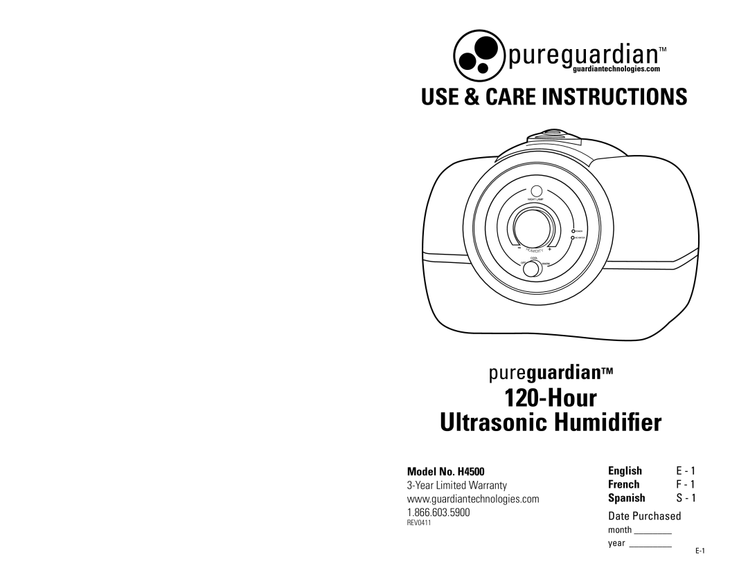 Guardian Technologies warranty Model No. H4500, English E French F Spanish S 