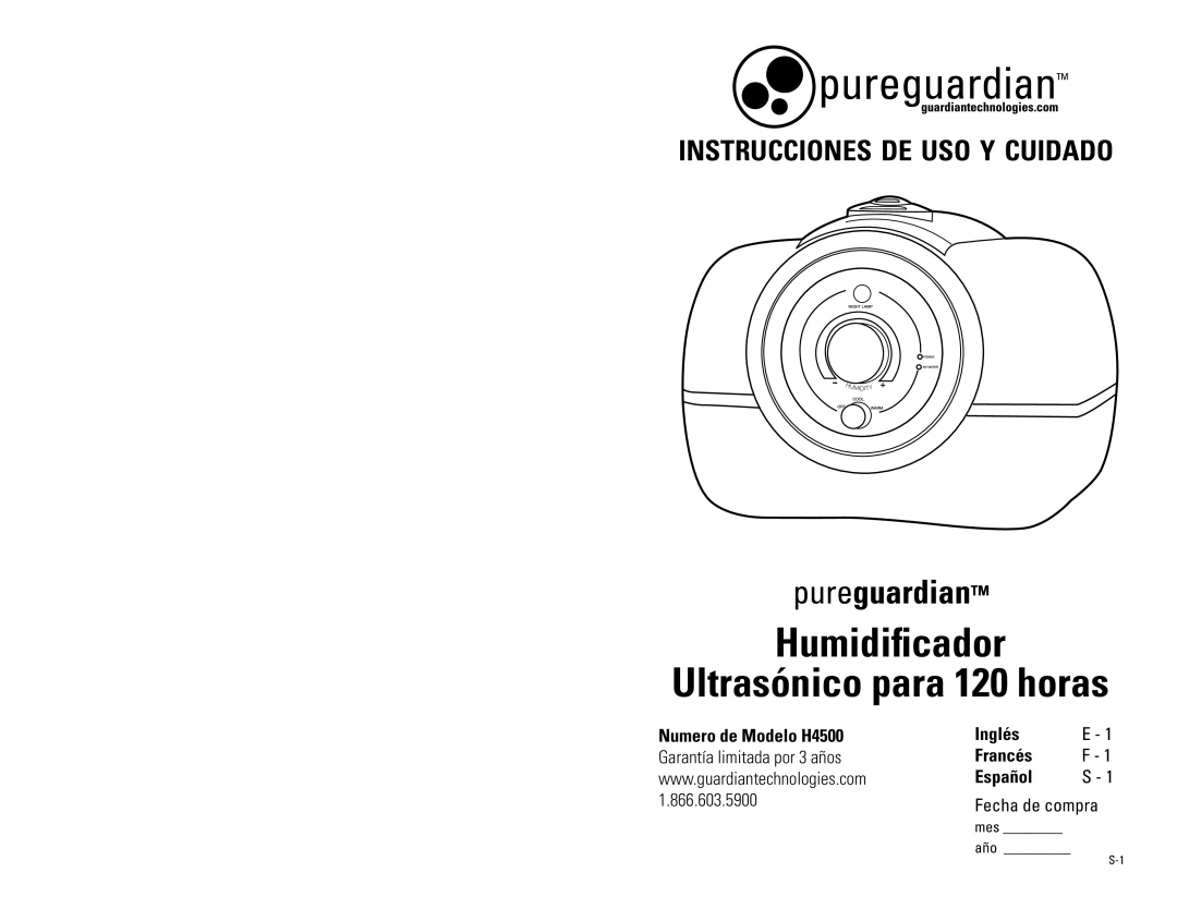 Guardian Technologies H4500 warranty Humidificador, Inglés E Francés F Español S 