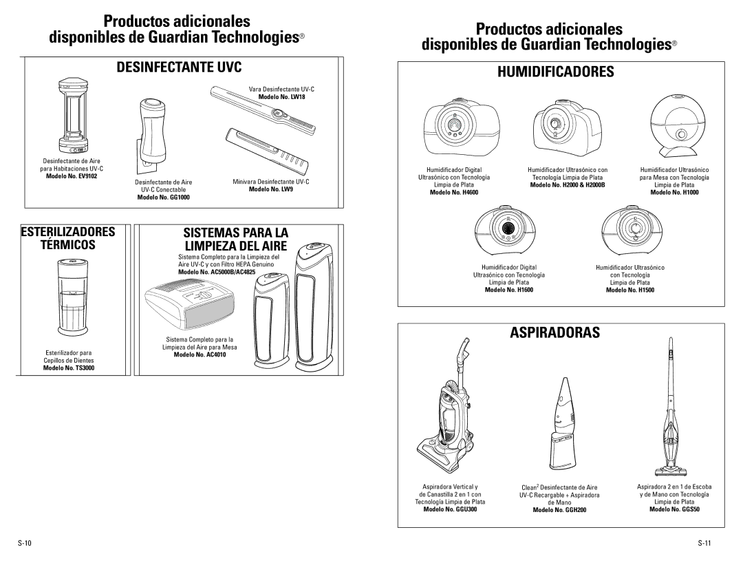 Guardian Technologies H4500 warranty Productos adicionales Disponibles de Guardian Technologies, Desinfectante UVC 