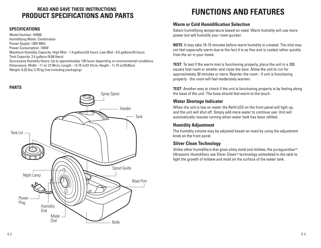 Guardian Technologies H4500 warranty Warm or Cold Humidification Selection, Water Shortage Indicator, Humidity Adjustment 