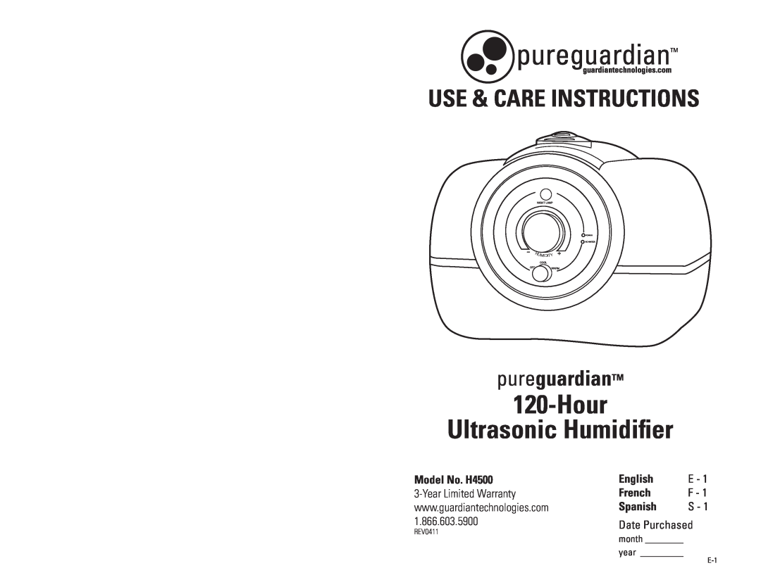 Guardian Technologies warranty Hour Ultrasonic Humidifier, Use & Care Instructions, pureguardianTM, Model No. H4500 