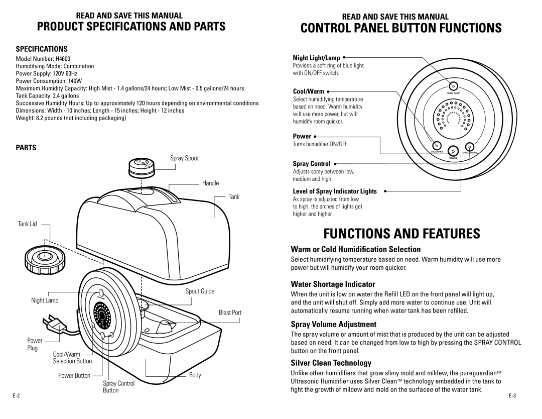 Guardian Technologies H4600 warranty Read and Save this Manual, Specifications, Parts 