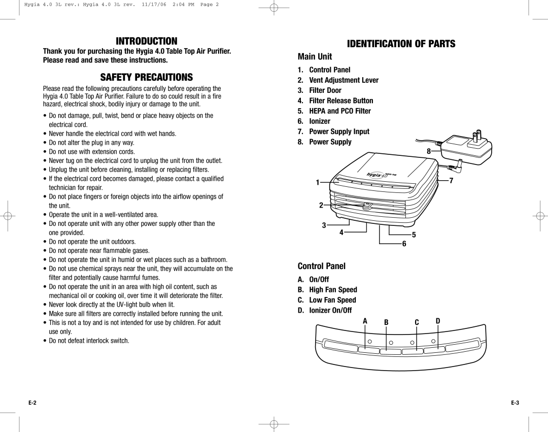 Guardian Technologies Hygia 4.0 Introduction, Identification of Parts, Safety Precautions, Main Unit, Control Panel 