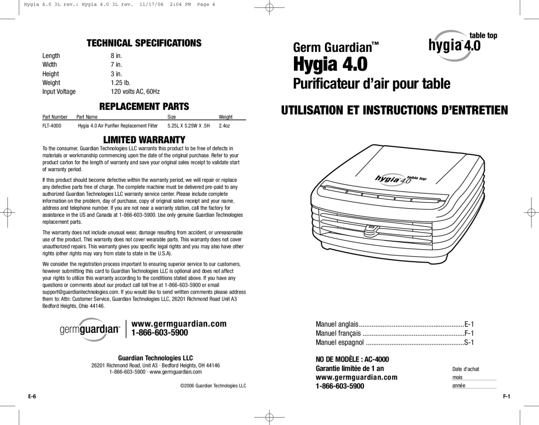 Guardian Technologies Hygia 4.0 warranty Purificateur d’air pour table, Replacement Parts, Limited Warranty 