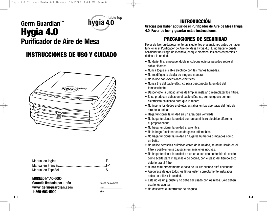 Guardian Technologies Hygia 4.0 warranty Purificador de Aire de Mesa, Introducción, Precauciones DE Seguridad 