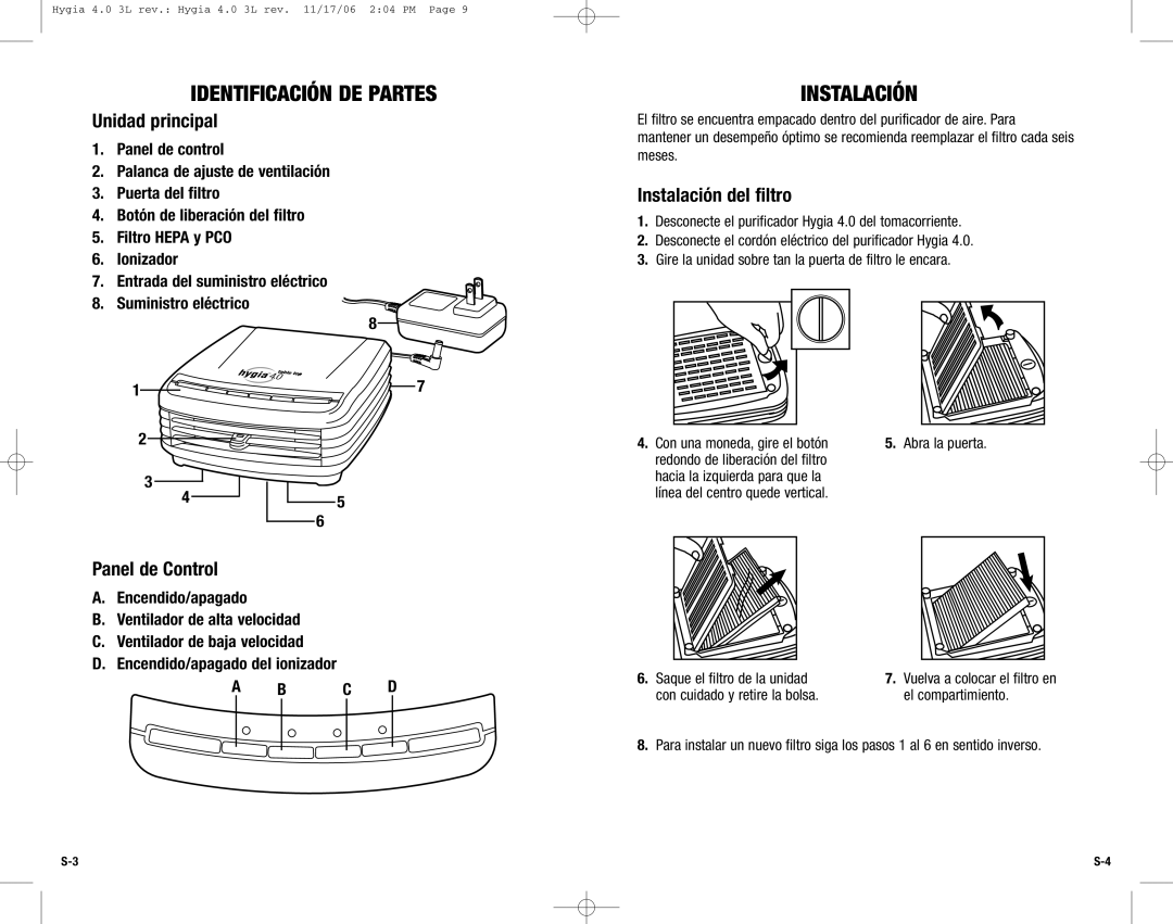 Guardian Technologies Hygia 4.0 warranty Identificación DE Partes, Instalación, Unidad principal, Panel de Control 