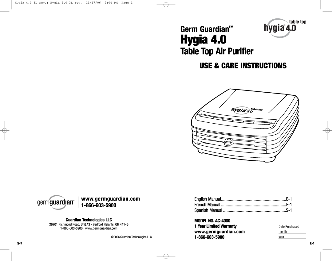 Guardian Technologies Hygia 4.0 warranty Table Top Air Purifier, Germ Guardian, Use & Care Instructions, English Manual 