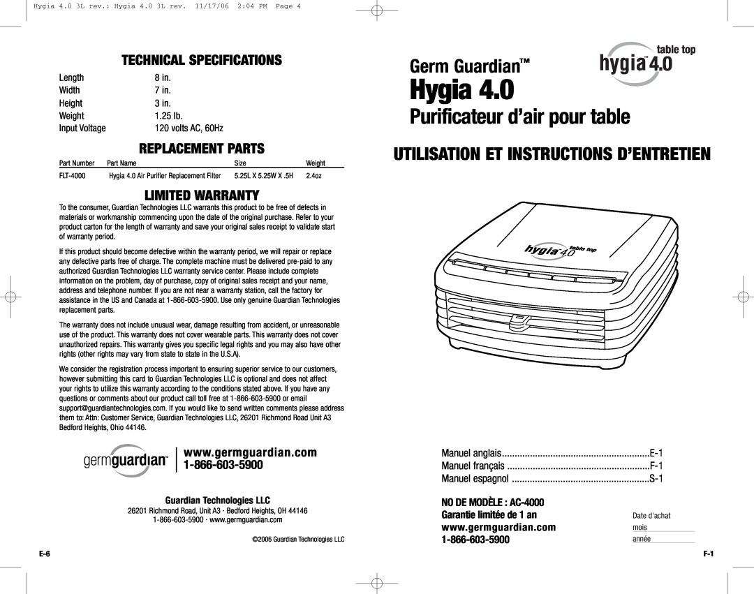 Guardian Technologies Hygia 4.0 Purificateur d’air pour table, Replacement Parts, Limited Warranty, Germ Guardian, mois 
