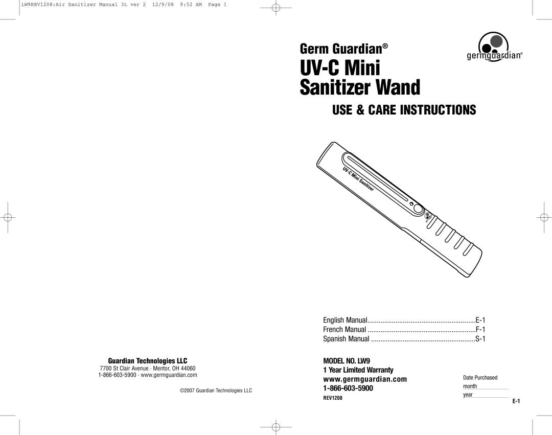 Guardian Technologies LW9 warranty UV-C Mini SanitizerWand 