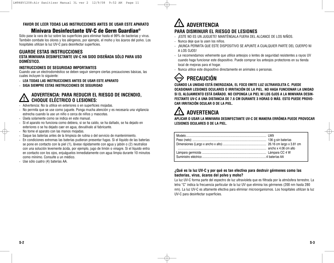 Guardian Technologies LW9 warranty Minivara Desinfectante UV-C de Germ Guardian, Advertencia, Guarde Estas Instrucciones 