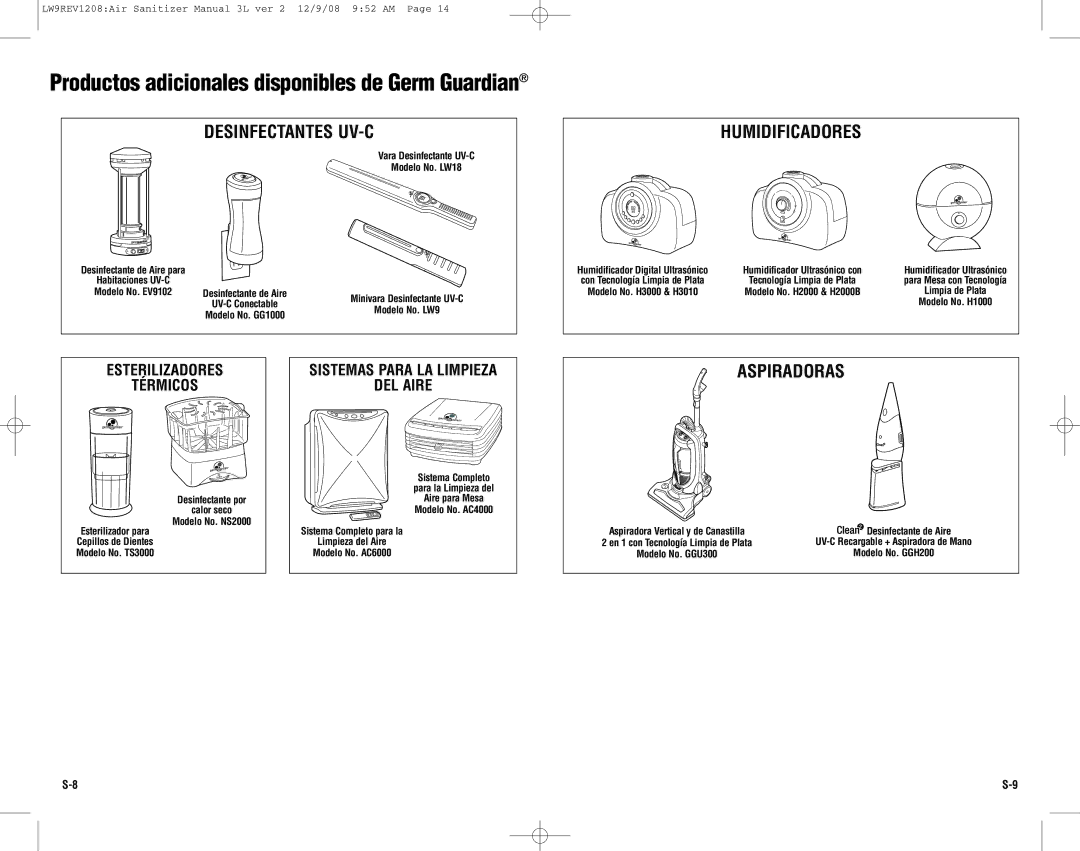 Guardian Technologies LW9 warranty Desinfectantes UV-C, Humidificadores, Aspiradoras, Esterilizadores Térmicos 