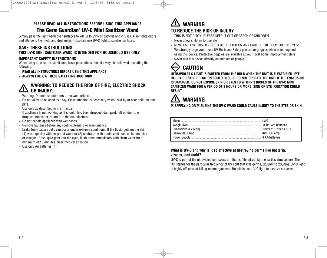 Guardian Technologies LW9 warranty Germ Guardian UV-C Mini Sanitizer Wand, Or Injury, To Reduce the Risk of Injury 