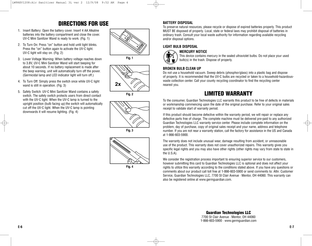 Guardian Technologies LW9 Directions for USE, Limited Warranty, Battery Disposal, Light Bulb Disposal Mercury Notice 