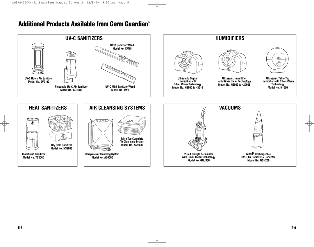 Guardian Technologies LW9 warranty UV-C Sanitizers, Humidifiers, Heat Sanitizers, AIR Cleansing Systems, Vacuums 