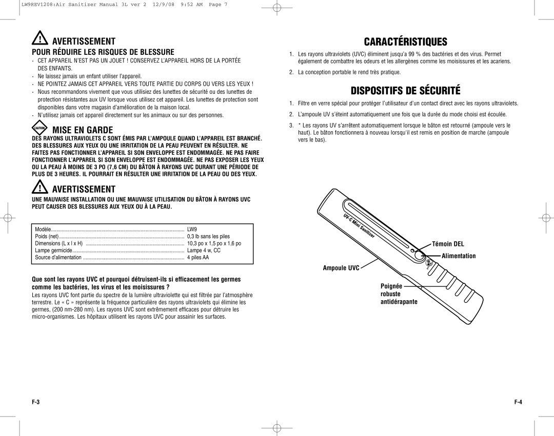 Guardian Technologies LW9 Caractéristiques, Dispositifs DE Sécurité, Avertissement, Pour Réduire LES Risques DE Blessure 