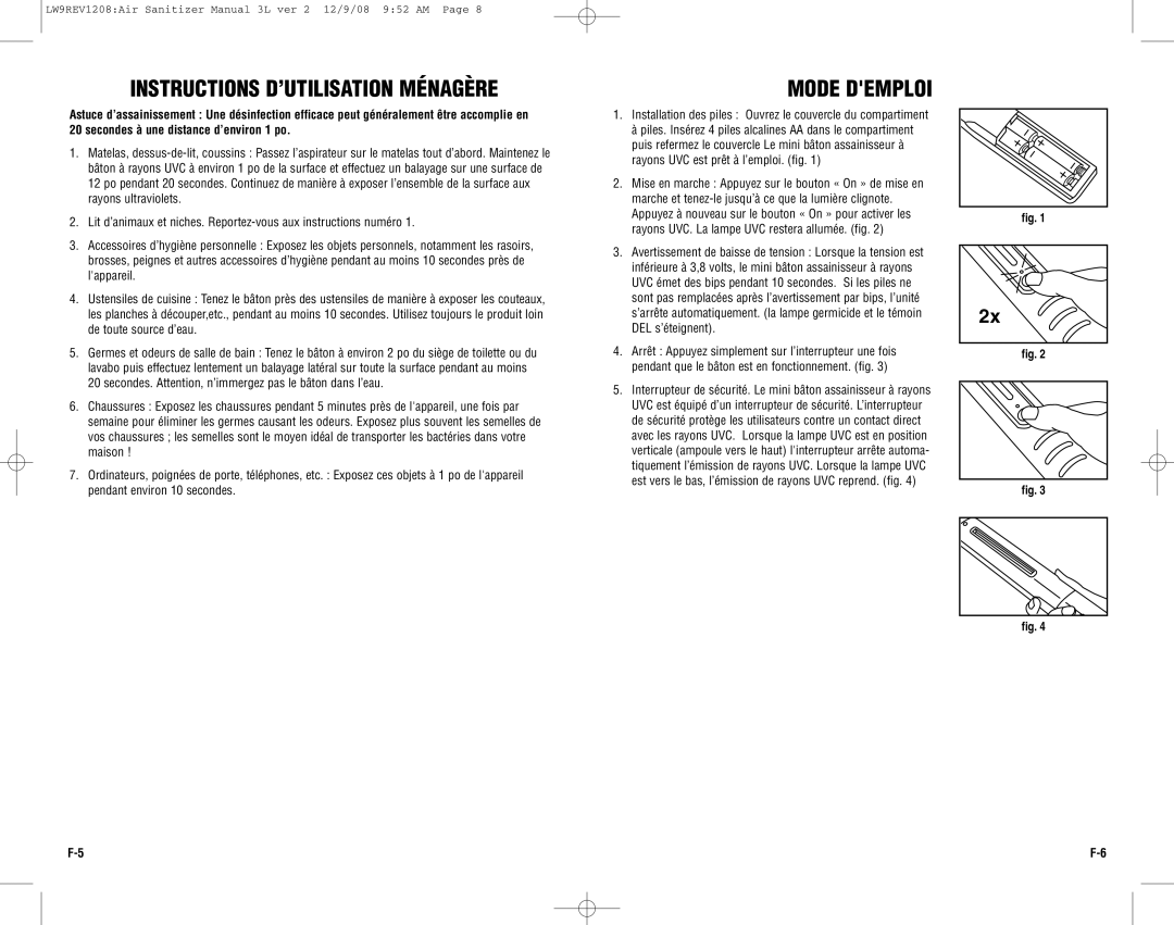 Guardian Technologies LW9 warranty Instructions D’UTILISATION Ménagère, Mode Demploi 