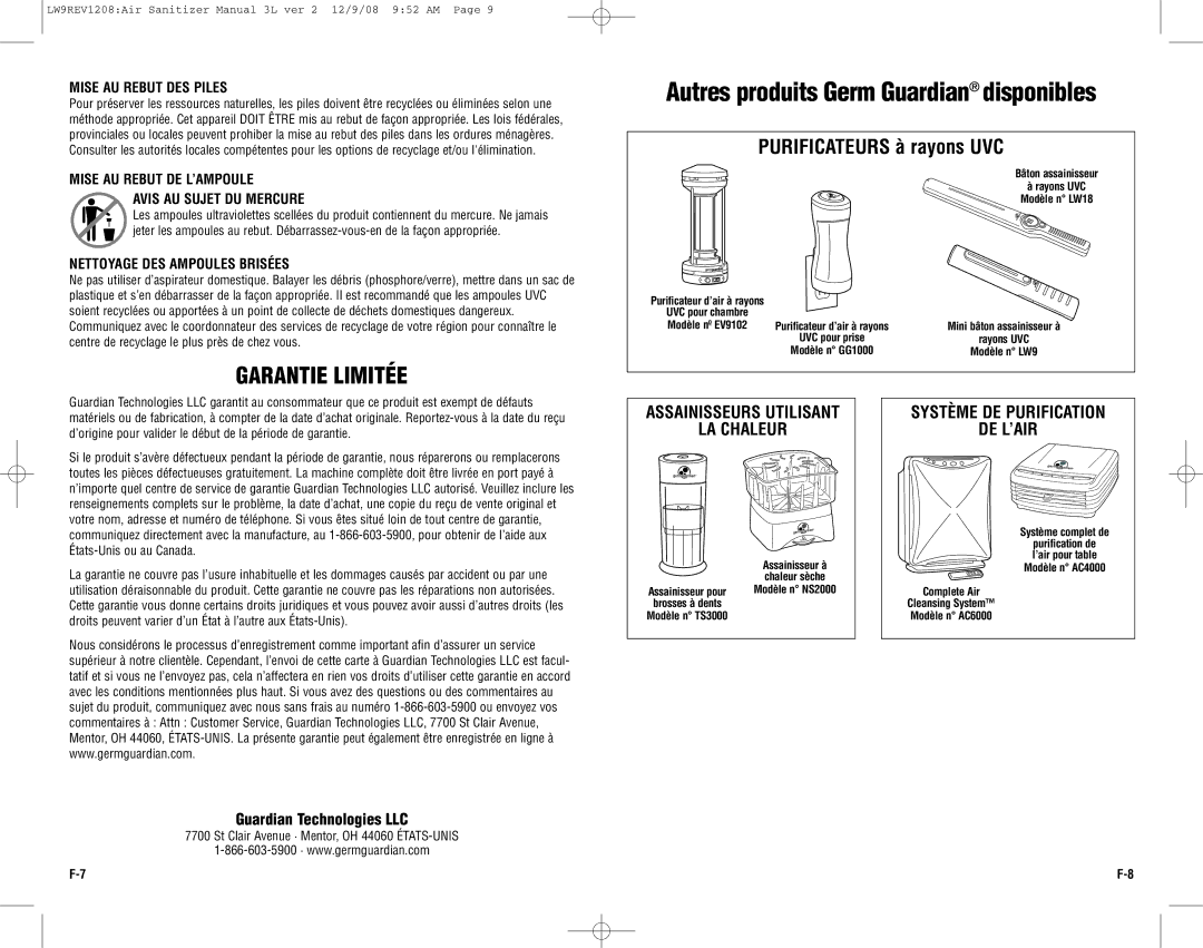 Guardian Technologies LW9 warranty Garantie Limitée, Purificateurs à rayons UVC, Assainisseurs Utilisant LA Chaleur 