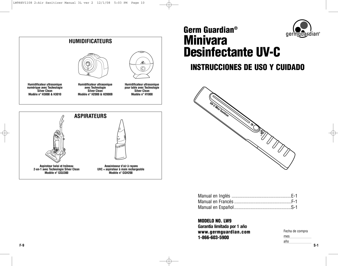 Guardian Technologies warranty Humidificateurs, Aspirateurs, Modelo NO. LW9 