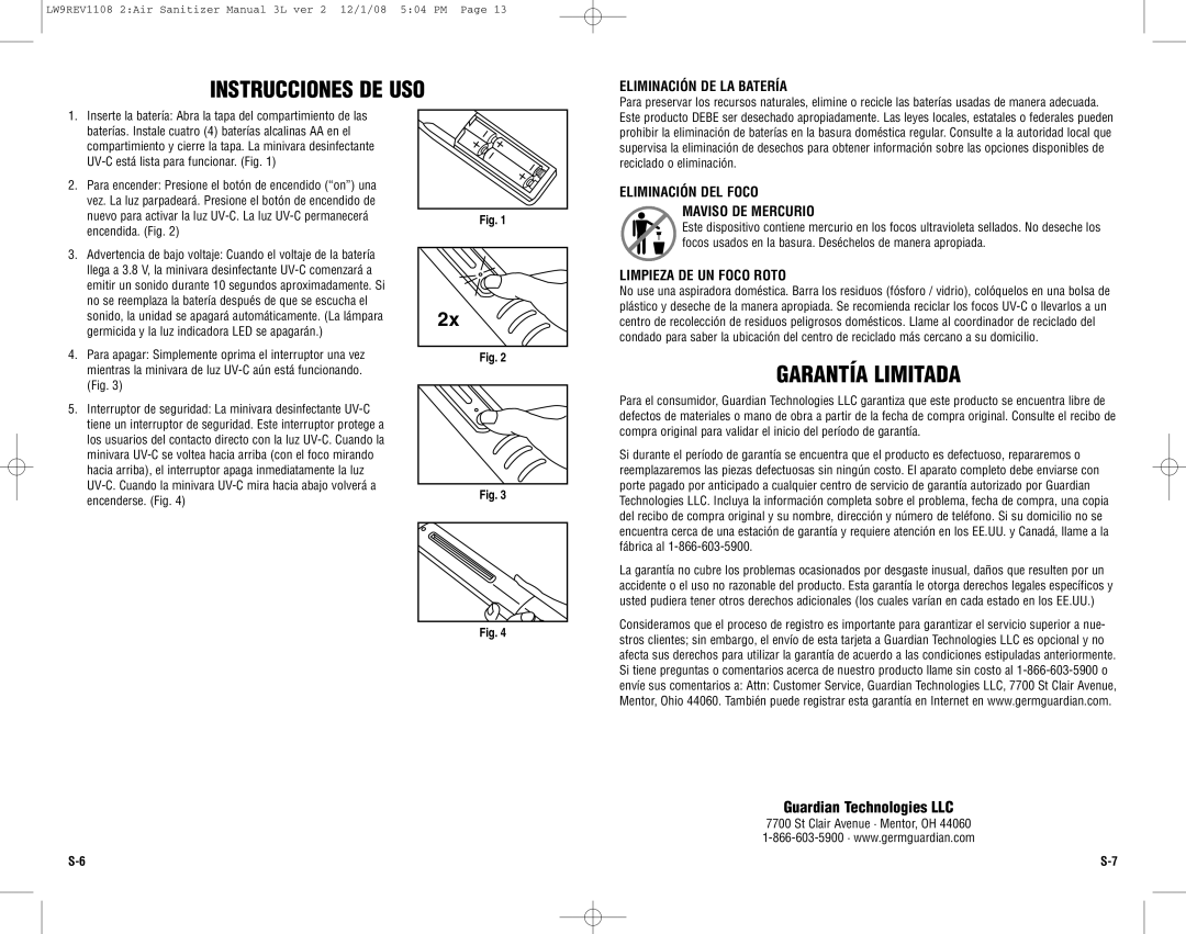 Guardian Technologies LW9 Instrucciones DE USO, Garantía Limitada, Eliminación DE LA Batería, Limpieza DE UN Foco Roto 