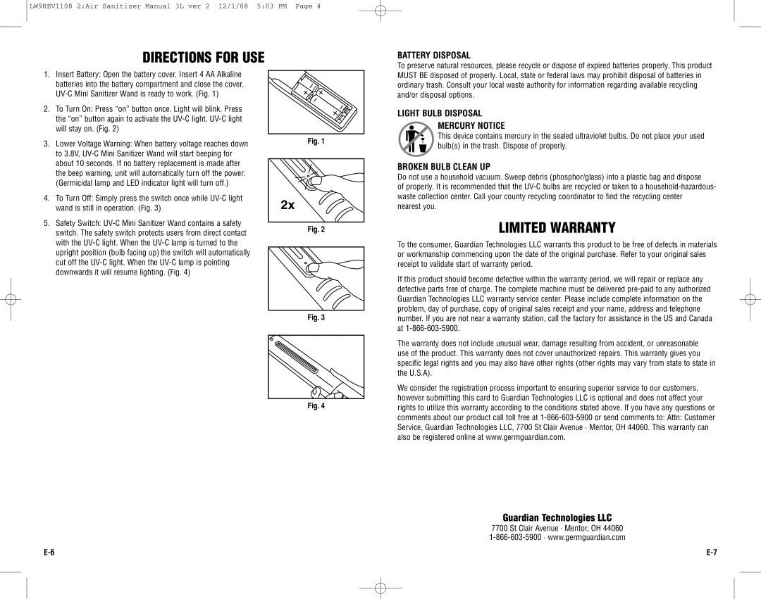 Guardian Technologies LW9 Directions for USE, Limited Warranty, Battery Disposal, Light Bulb Disposal Mercury Notice 