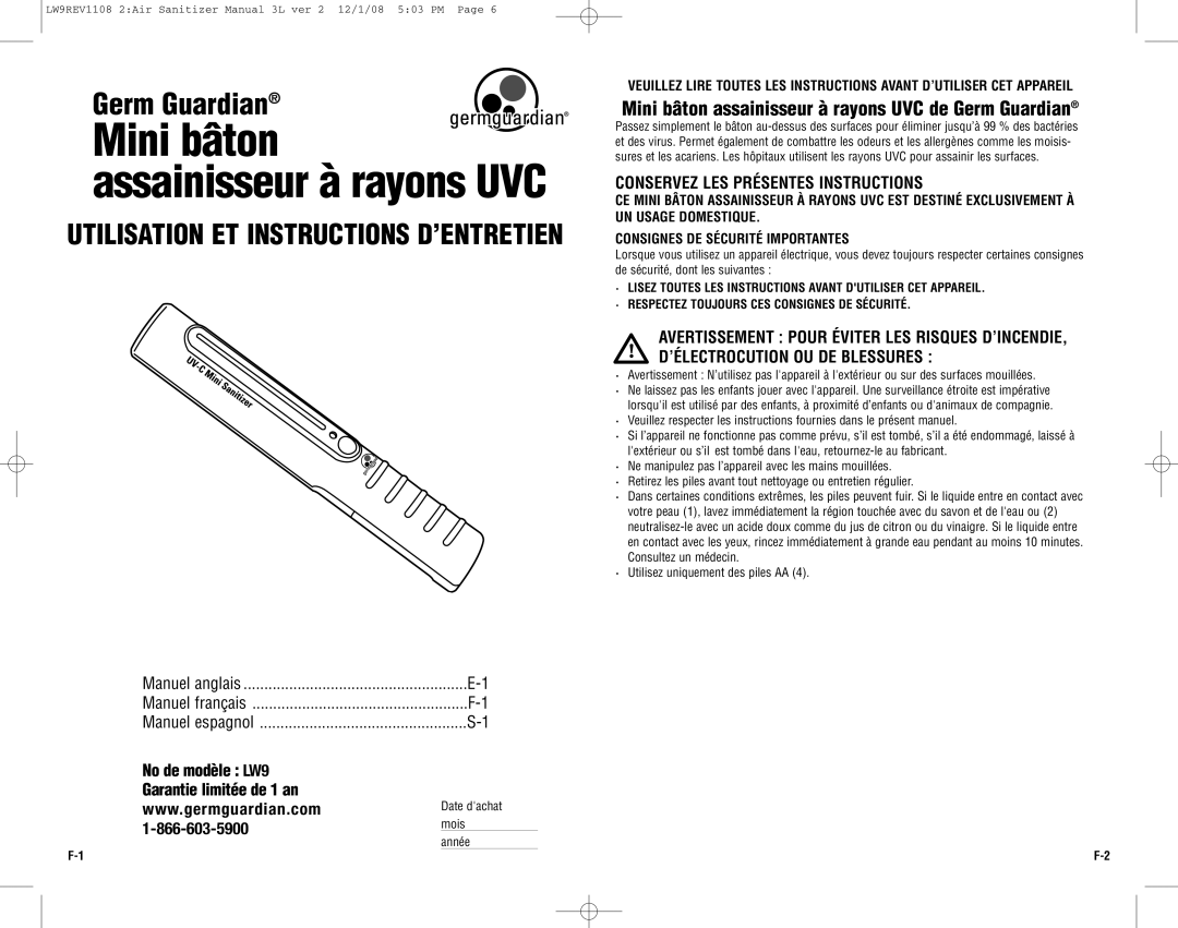 Guardian Technologies LW9 Mini bâton assainisseur à rayons UVC de Germ Guardian, Conservez LES Présentes Instructions 