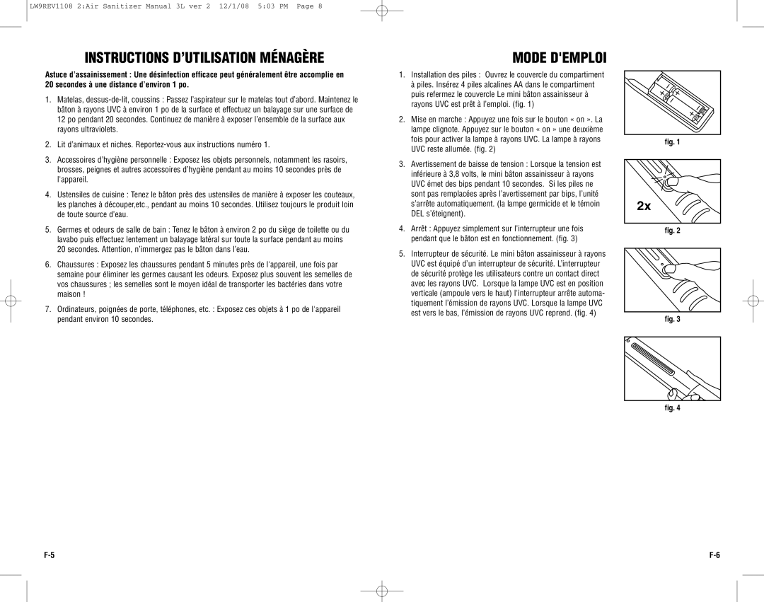 Guardian Technologies LW9 warranty Instructions D’UTILISATION Ménagère, Mode Demploi 