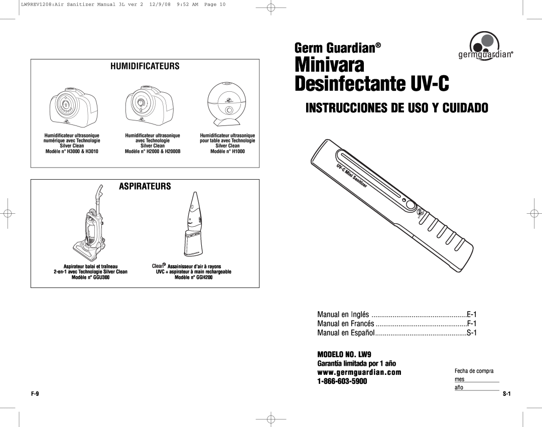 Guardian Technologies warranty Minivara DesinfectanteUV-C, Humidificateurs, Aspirateurs, MODELO NO. LW9, Germ Guardian 