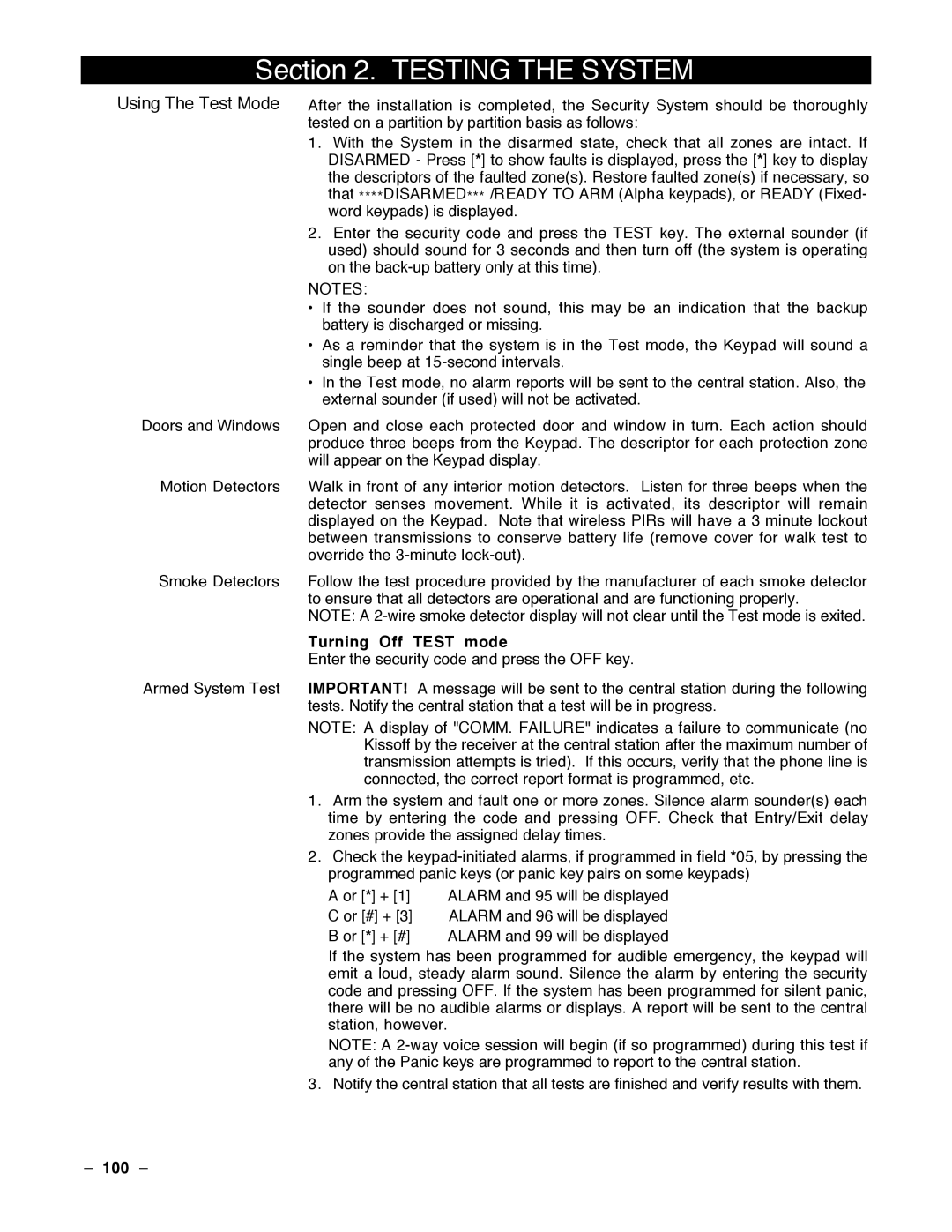 Guardian Technologies N7001V2, VISTA-40 installation instructions Testing the System, Turning Off Test mode, 100 Ð 