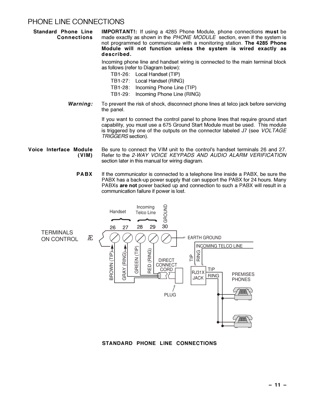 Guardian Technologies VISTA-40, N7001V2 installation instructions Vim, Pabx, Standard Phone Line Connections 