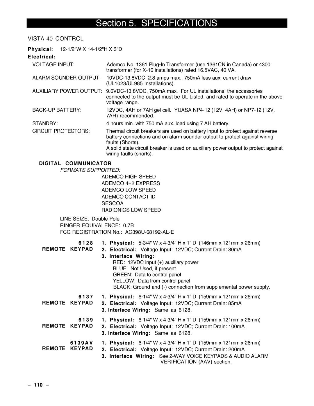 Guardian Technologies N7001V2, VISTA-40 installation instructions Specifications, Digital Communicator 